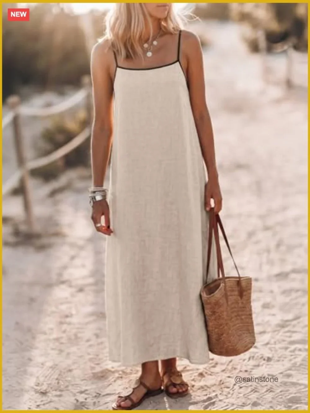 Linen Blend Maxi Dress with Pockets - Backless Spaghetti Strap - Picture 3 of 6